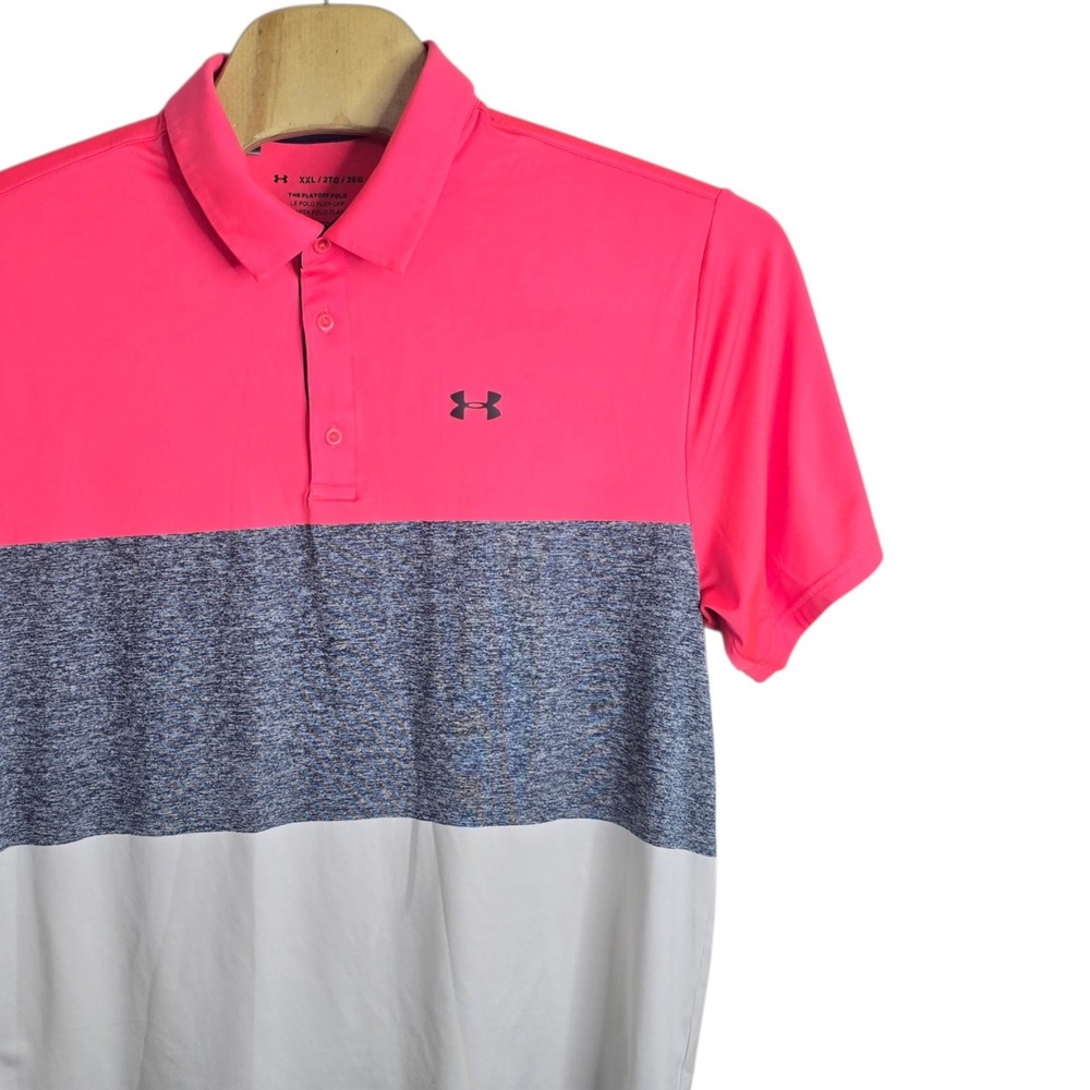 Under Armour Mens The Playoff Polo Shirt XXL Pink Blue White Colorblock Golf